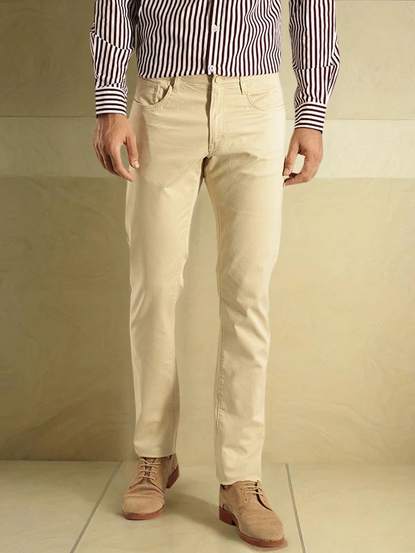 Indian Terrain Men's Slim Fit Solid Beige Trousers